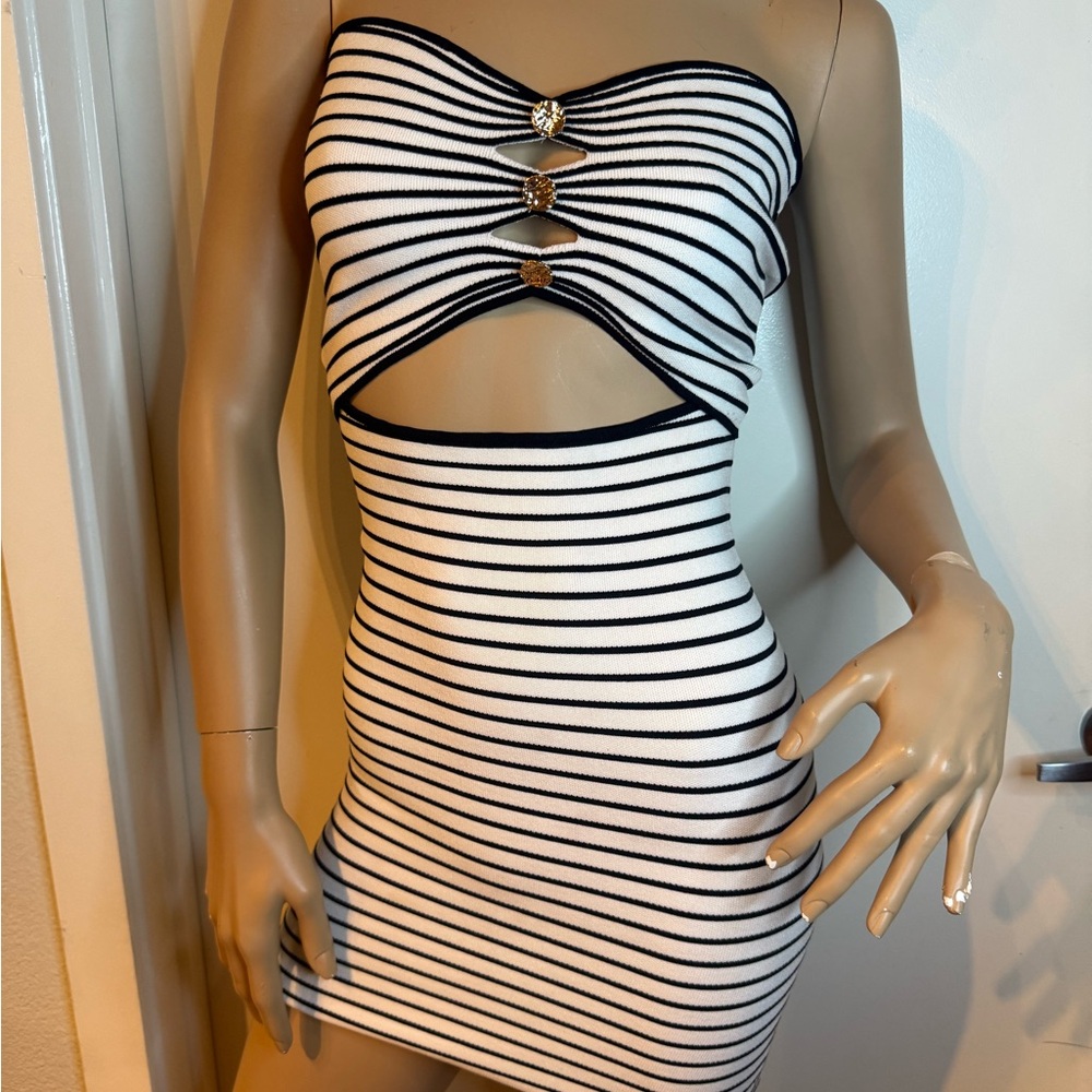 Windsor Black and White Strapless Cutout Mini Dress w/ Gold Button Detail